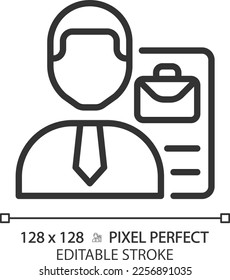 Recruitment Pixel perfekte lineare Ikone. Einstellungsprozess. Auswahl des Kandidaten. Stelle am Arbeitsplatz. Headjagd. Anwendung. Dünne Illustration. Contour-Symbol. Vektorgrafik-Zeichnung. Bearbeitbarer Hub