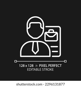 Recruitment pixel perfect white linear icon for dark theme. Hiring process. Choosing candidate. Job position. Headhunting. Thin line illustration. Isolated symbol for night mode. Editable stroke