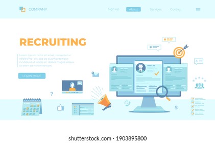 Recruitment platform, agency, hr. Human resources, Employment, Selection of the best candidate. Resume, megaphone, computer, calendar, interview. Can use for web banner, landing page, web template.