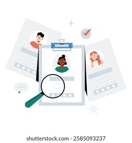 Recruitment Process With Candidate Profiles And Magnifying Glass In Flat Vector Illustration Symbolizing Job Search, HR Management, And Employee Selection, Isolated On White Background