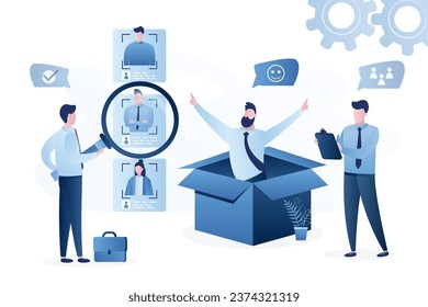 Recruitment process concept. Businessmen select staff. Resume of candidates with avatars. HR agency, two specialists. People hiring. Funny, happy applicant gets out of box. Flat vector illustration