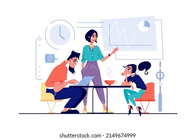 Concepto de proceso de contratación en diseño de dibujos animados planos. Hombre y mujer en busca de la mejor currícula de candidatura para vacante abierta, haciendo entrevista en el cargo. Ilustración vectorial con escena de personas para web
