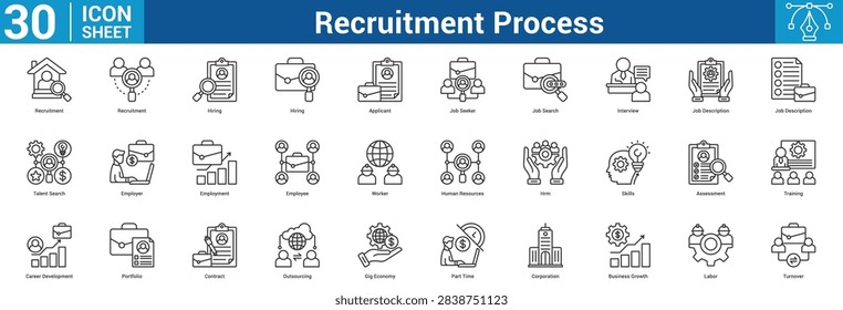 Recruitment Process editable icon set vector illustration concept for business with icon of Recruitment, Recruitment, Hiring, Hiring, Applicant, Job Seeker, Job Search, Interview, Job Description, Jo.