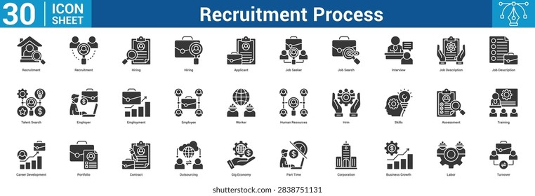 Recruitment Process editable icon set vector illustration concept for business with icon of Recruitment, Recruitment, Hiring, Hiring, Applicant, Job Seeker, Job Search, Interview, Job Description, Jo.