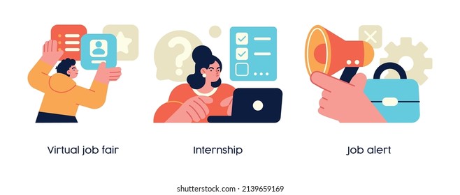 Recruitment process and hiring new employees - set of business concept illustrations. Virtual job fair, intership, job allert. Visual stories collection.