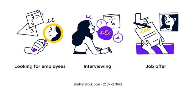 Recruitment process and hiring new employees - set of business concept illustrations. Virtual job fair, intership, job allert. Visual stories collection. svg
