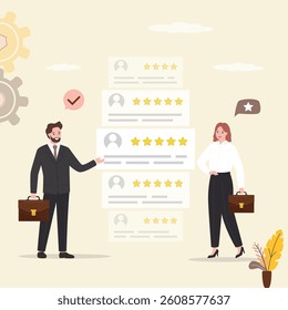 Recruitment process, hr agent and boss talking about search new staff. Feedback and review. Characters looking positive feedback. Rating scale and customer satisfaction concept. Vector illustration