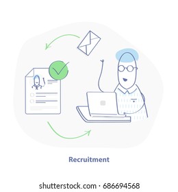 Recruitment process. HR sends letters to job candidates, whose resume is appropriate and receives a feedback. UI/UX element for web design, applications, mobile interface and infographics. Vector