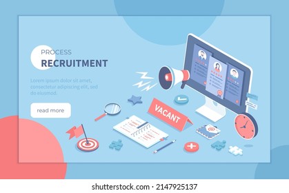 Recruitment Process. Human Resource Management and Hiring concept. Choosing the best candidate, search for a new employee. Isometric vector illustration for banner, website.