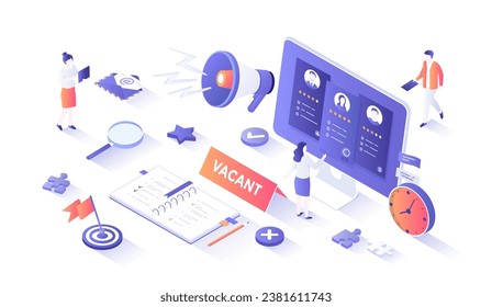 Proceso de contratación. Concepto de gestión de recursos humanos y contratación. Elegir el mejor candidato, buscar un nuevo empleado. Isometry ilustración with people scine for web graphic.