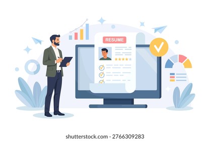 Recruitment process. Human resource management and hiring. Hr manager searching new employee, reading CV and giving job candidate review on computer screen. Businessmen choosing best specialists. 