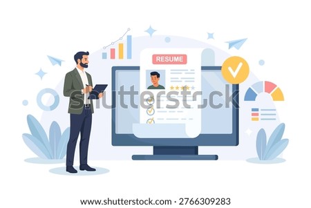 Recruitment process. Human resource management and hiring. Hr manager searching new employee, reading CV and giving job candidate review on computer screen. Businessmen choosing best specialists. 