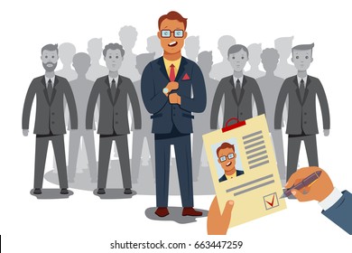 Recruitment process human resources. Hiring business staff vector flat cartoon illustration. Choice of employee concept infographic.