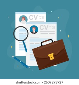 Recruitment process, interview, job vacancies. Job search, reviewing CV. Curriculum vitae or resume documents, magnifying glass, pen and briefcase. We are hiring. flat vector illustration