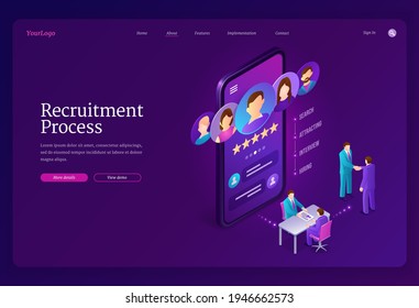 Recruitment process isometric landing page. Hiring agency, human resource online service, tiny people at huge smartphone research and interviewing applicant for vacant work place, 3d vector web banner