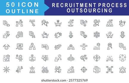 Recruitment Process Outsourcing icon set collection. Consist of Approve, Conversation, Selection, Job, Salary, Interview, resume. Simple vector outline illustration.