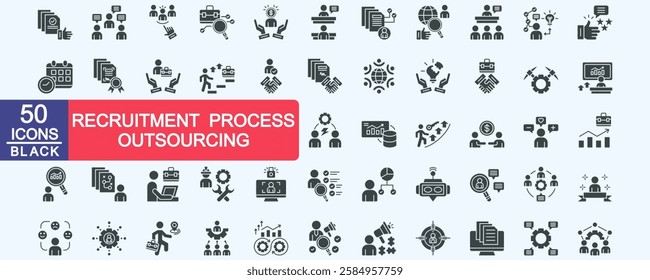 Recruitment Process Outsourcing icon set collection. Consist of Approve, Conversation, Selection, Job, Salary, Interview, resume. Simple vector black illustration.