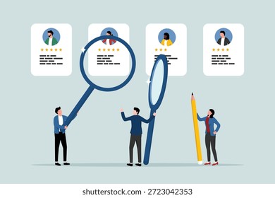 El proceso de reclutamiento para seleccionar candidatos que se ajusten al puesto de trabajo, cubrir vacantes, el concepto de recursos humanos (recursos humanos), los empresarios utilizan una lupa para seleccionar los currículos de los candidatos.