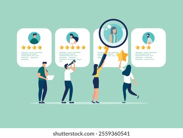 The recruitment process for selecting a candidate, personnel for the HR department, fill in the concept of a vacancy, HR department for business people with a magnifying glass to select a candidate's 