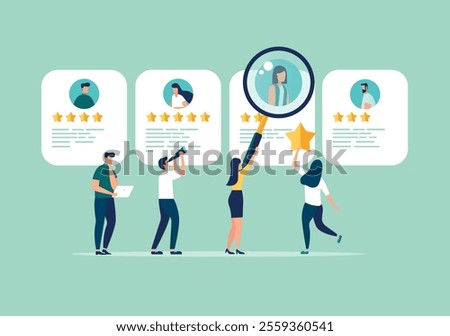 The recruitment process for selecting a candidate, personnel for the HR department, fill in the concept of a vacancy, HR department for business people with a magnifying glass to select a candidate's 