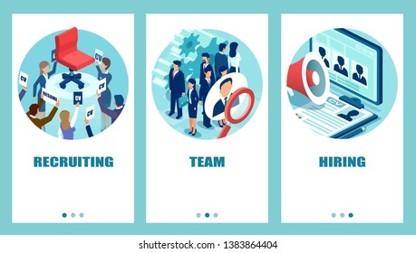 Recruitment process service concept. Vector set of business people applying being recruited for a vacant job position using modern technologies