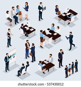 Recruitment process to set isometric business employees on a gray background. Vector illustration.