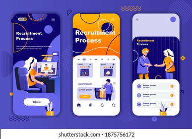 Recruitment process unique design for social networks stories. Headhunting agency, staff employment mobile screen templates for app. UI UX layouts vector illustration. GUI set with people characters.