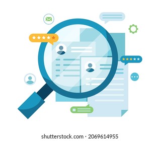 Recruitment process vector illustration for web page,banner.We are hiring concept.Hr managers searching employee,worker.Select a resume.Agency interview.Choosing best candidate for job.Join our team