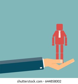 Recruitment and promotion at work concept. Hand giving a man figure. Human resource management, employment. Flat vector illustration.