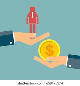 Recruitment and promotion at work concept. Hand holding the employee, the other hand gives money for him. Human resource management, employment. Vector illustration. 
