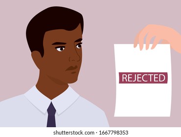 Recruitment racism concept. HR specialist reject young black man cv. Human resources department don't hire people of different nationality and color. Isolated vector illustration