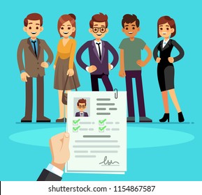 Recruitment. Recruiter choosing candidates with cv resume. Human resource and job interview vector concept. Illustration of human candidate, hiring resource Recruitment. Recruiter choosing candidates with cv resume. Human resource and job interview vector concept. Illustration of human candidate, hiring resource
