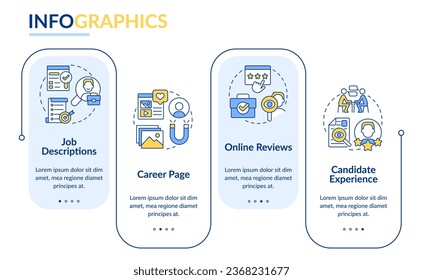 Recruitment rectangle infographic template. HR search and selection. Data visualization with 4 steps. Editable timeline info chart. Workflow layout with line icons. Myriad Pro-Bold, Regular fonts used