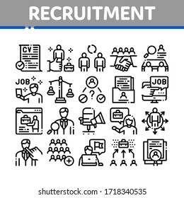 Recruitment And Research Employee Icons Set Vector. Curriculum Vitae Cv And Professional Career, Interview And Recruitment Concept Linear Pictograms. Monochrome Contour Illustrations