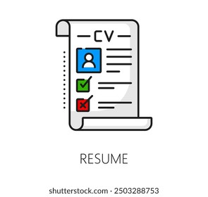 Recruitment resume, business career search color line icon. Employment candidate thin line icon, company recruitment, HR or head hunter line vector pictogram or sign with CV or resume document