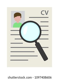 recruitment resume CV curriculum vitae document with seach magnifier icon, hiring new employee or job searching concept, color vector illustration