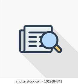 recruitment, resume search, job, selecting staff thin line flat color icon. Linear vector illustration. Pictogram isolated on white background. Colorful long shadow design.