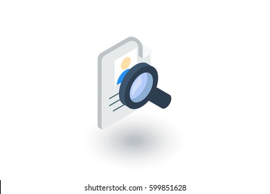 recruitment, resume search, job, selecting staff isometric flat icon. 3d vector colorful illustration. Pictogram isolated on white background