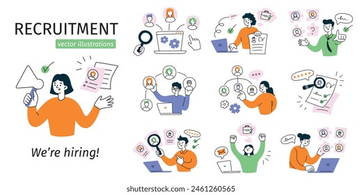 Recruitment scenes set, human resources compositions with cartoon characters, hr collection, we are hiring, vector illustrations of job interview, team management, candidates for work vacancy