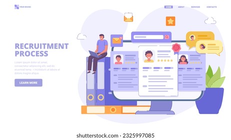 Recruitment, search employees online, hiring process, human resource management. Flat design concept with characters for landing page. Vector illustration for website, landing page, banner.