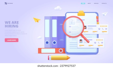 Recruitment, search employees online, hiring process, human resource management. 3d design concept for landing page. Three dimensional vector illustration for website, print, banner
