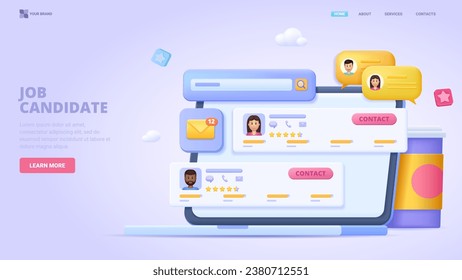 Recruitment, search employees online, hiring process, human resource management. 3d design concept for landing page. Three dimensional vector illustration for website, print, banner