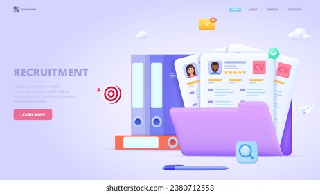 Recruitment, search employees online, hiring process, human resource management. 3d design concept for landing page. Three dimensional vector illustration for website, print, banner