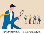 Recruitment searching the best candidate or job, Human resources, head hunt, choosing talent for job vacancy concept, employer boss or HR use magnifying glass to choose job interview people