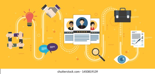 Recruitment and selection of people qualified for employment. Hiring and recruitment concept, job interview, qualified professionals. Icon set business. Flat design web banners in vector illustration.