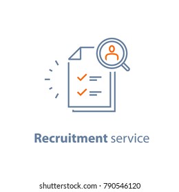 Recruitment Service, Human Resources,  Choose Candidate, Fill Vacancy, Employment Concept, Application Form Review, Staff Search, Questionnaire Check List, Vector Line Icon, Thin Stroke