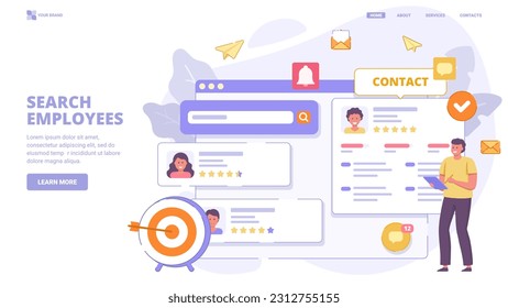 Recruitment service, search employees online, hiring process, human resource management. Flat design concept with characters for landing page. Vector illustration for website, landing page, banner.