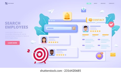 Recruitment service, search employees online, hiring process, human resource management. 3d design concept with characters for landing page. Three dimensional vector illustration for website, banner.