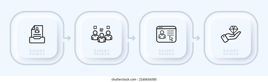 Icono conjunto de contratación. Reanudar, candidato, datos personales, en línea, aplicar, cursor, sitio web, mano, diamante. Concepto de negocio. Estilo neomorfista. Icono de línea de vector para negocios y publicidad.