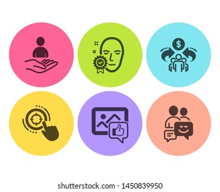 Recruitment, Sharing economy and Seo target icons simple set. Like photo, Face verified and Communication signs. Hr, Share. People set. Flat recruitment icon. Circle button. Vector